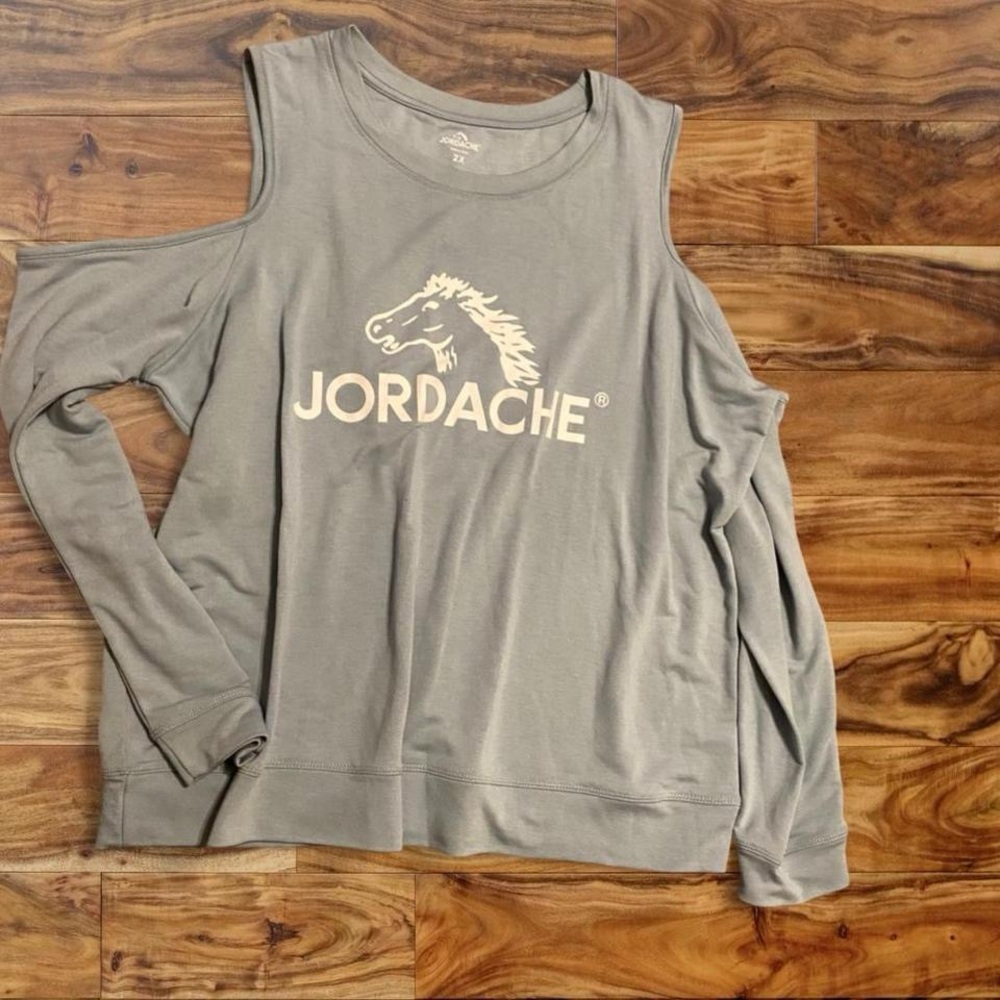 Jordache Cold-Shoulder Logo Sweatshirt in Light Gray with Cream Logo
